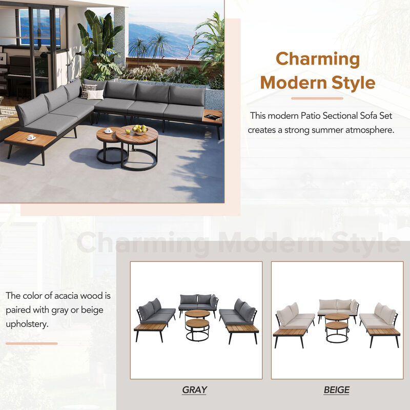 Clihome 6-Piece Outdoor Sectional Sofa Set with Round Nesting Coffee Tables and Seating Sofa with Cushions for Patio image number 6
