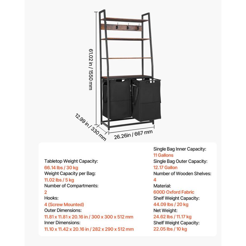 4 Tier Laundry Sorter Hamper with Shelves Hooks and Storage Baskets image number 2