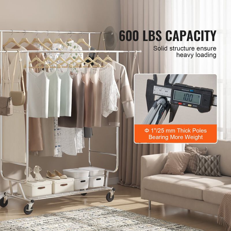 Heavy Duty Garment Rack with Double Rods, Adjustable Height, and Bottom Storage