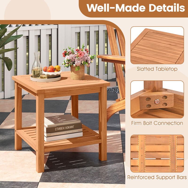 Acacia Wood Patio Side Table Featuring Slatted Tabletop and Storage Shelf image number 7
