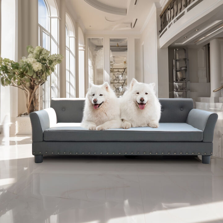 Leather Dog Couch Sofa Pet Bed w/ Copper Nail Wooden Frame For Large Dog Grey