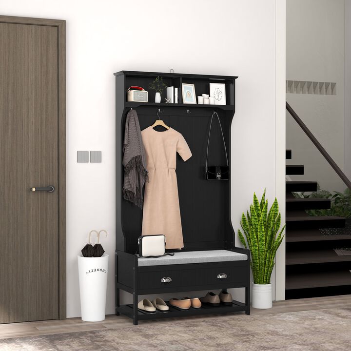 Coat Rack and Bench Hall Tree Organizer with 4 Hooks, 2 Drawers with Padded Seat Cushions for Entryway, Black