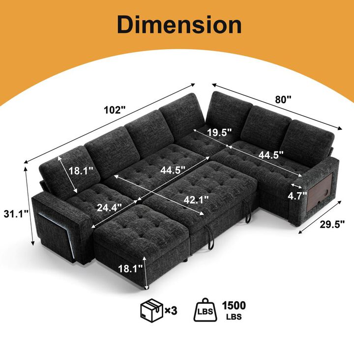 102" L-Shaped Chenille Modular Sectional Sleeper Sofa with Pullout Bed, Reclining Backrest, USB
