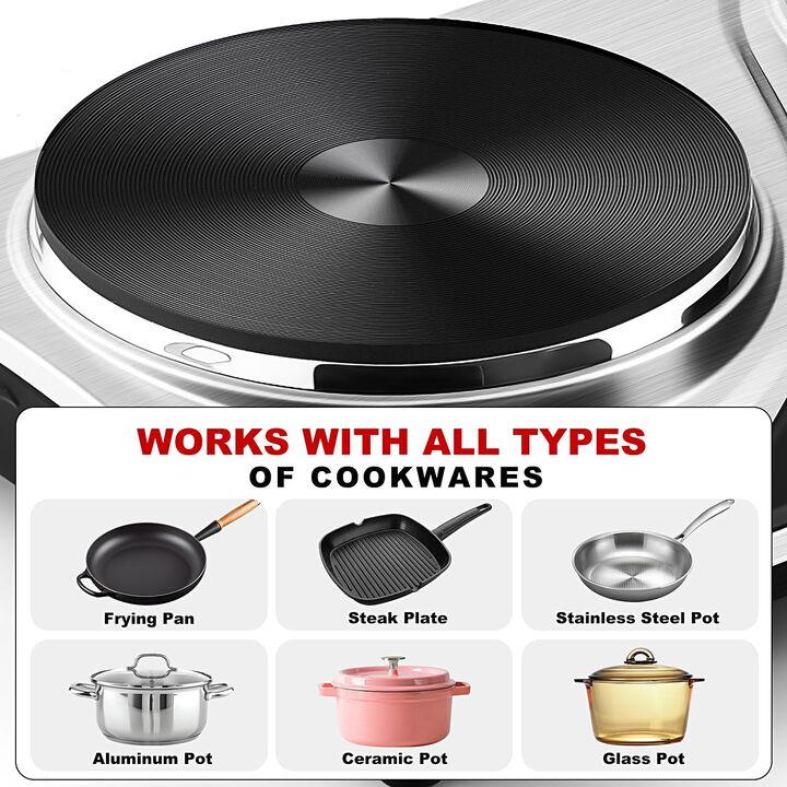 Cusimax 1800W Electric Double Hot Plate, Countertop Cast Iron Burner, Temperature Controls, Power Indicator Lights