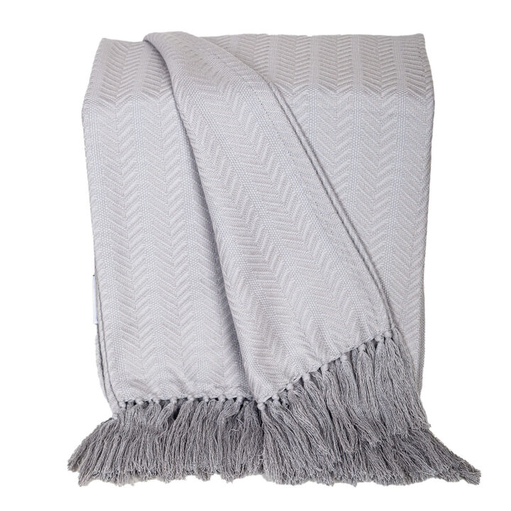HomeRoots 50" X 60" Gray Woven Cotton Herringbone Throw Blanket with Fringe