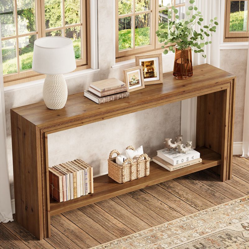 Narrow Solid Wood Entryway Console Table with 2-Tier Storage Shelf-Brown image number 6