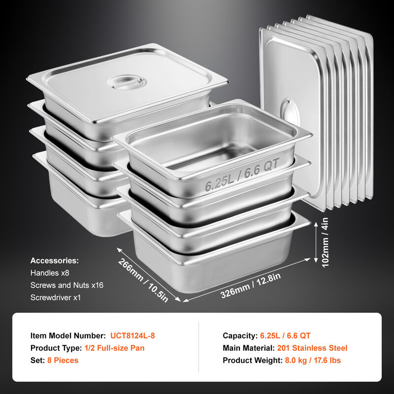 VEVOR 8 Pack 1/2 Size Hotel Pans Steam Table Pan Stainless Steel 4" Deep Lid