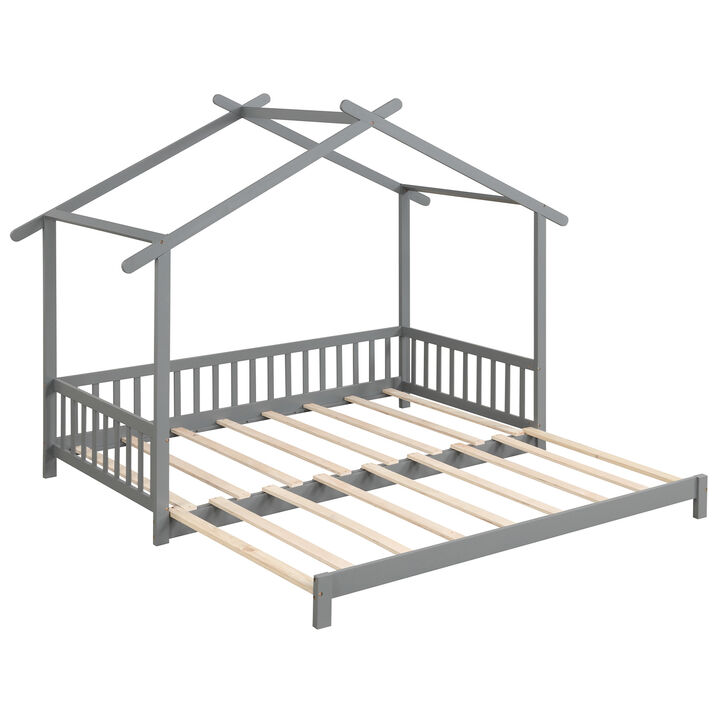 Extendable Daybed with Roof and Fence Rails – Fun Wooden House Bed for Children