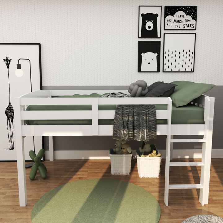 Elbrus White Low Loft Bed with Storage, Space Saver Full Size Kids Loft Bed with Stairs for Toddlers Assembled in Sturdy Elliotis Pine, No Box Spring Needed