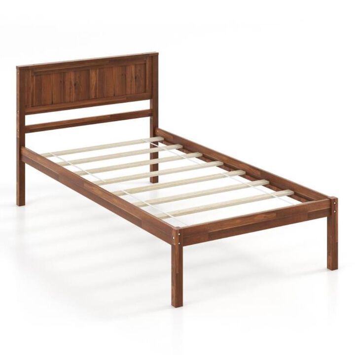 Hivvago Twin Size Retro Wood Platform Bed Frame with Headboard in Walnut