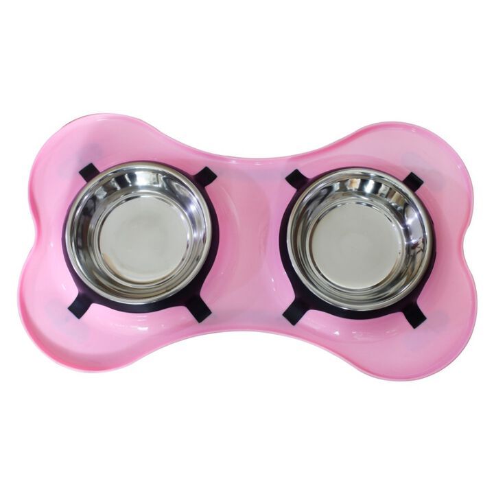Bone Shaped Plastic Pet Double Diner with Stainless Steel Bowls, Pink and Silver-Benzara