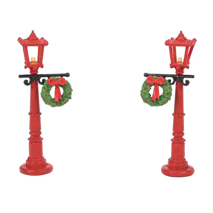 Dept 56 Set of 2 Red Christmas Village Street Lights with Wreaths