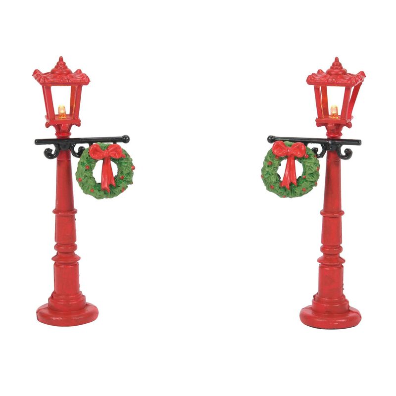 Dept 56 Set of 2 Red Christmas Village Street Lights with Wreaths