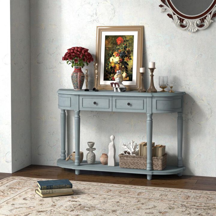 Hivvago 52" Retro Console Table with 2 Drawers and Open Shelf Entryway Sofa Table-Blue