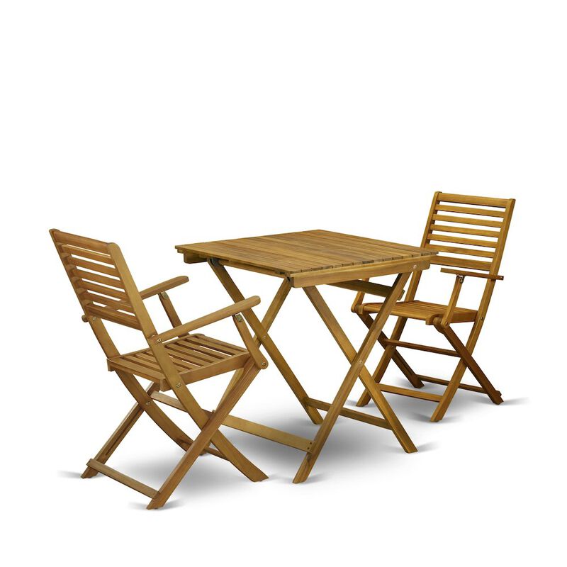 East West Furniture 3-Piece Outdoor Dining Table Set Includes a Foldable Dining Table and 2 Outdoor Arm Chairs Perfect for Garden, Terrace, Bistro, and Porch - Natural Oil Finish