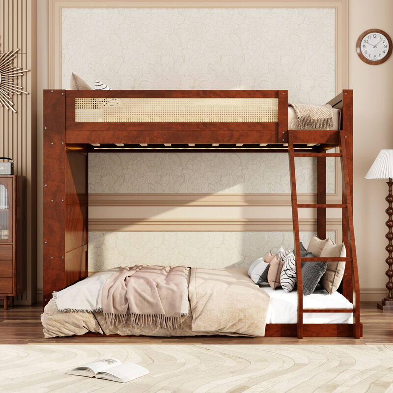 Merax Twin over Full Bunk Bed with Rattan Guardrail, LED Light & 4-Tier Side Bookshelf image number 2