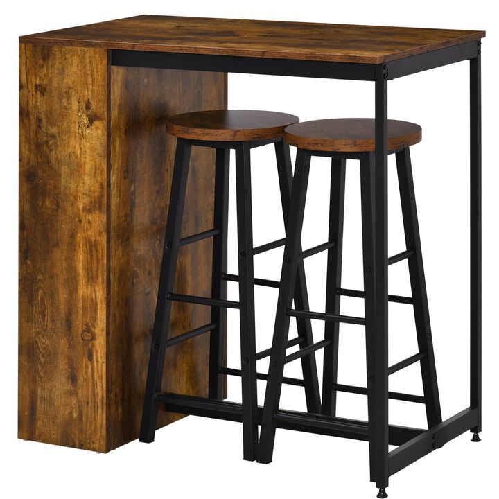 Bar Table and Stools, 3 Piece Bar Table Set with 3-Tier Side Shelf, 2 Stools and Foot Pads, Pub Chairs and Table, Rustic Brown/Black
