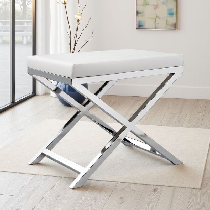 Sumi 18 Inch Stool, Padded Seat, White Faux Leather, Crossed Chrome Legs - Benzara