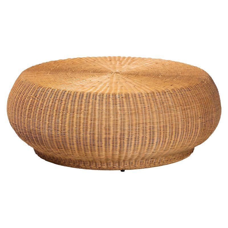 bali & pari Beatriz Natural Rattan Coffee Table : Handwoven Wicker Accent Table with Sculptural Drum Silhouette and Round Tabletop for Living Room or Sunroom image number 0