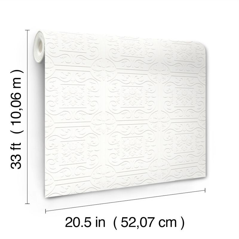 Ibold White Tin Ceiling Scroll Paintable Wallpaper (Double Roll) image number 6