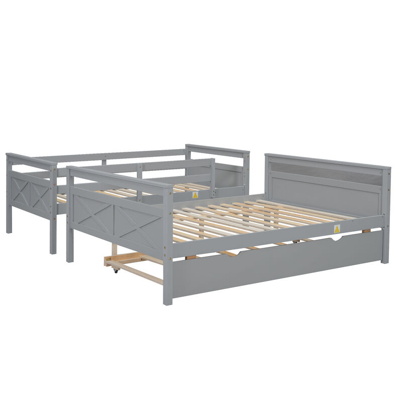 Whisen Twin over Full Bunk Bed with Ladder, Twin Size Trundle, Safety Guardrail - Gray