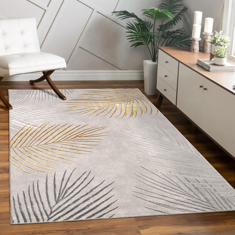 Modern Rug with Textured Palm Leaves in Cream Gold