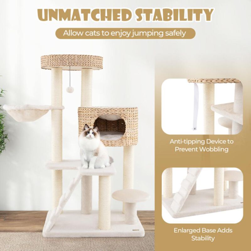 Hivvago Modern Cat Tree for Indoor Cats with Cattail Fluff Condo and Top Perch
