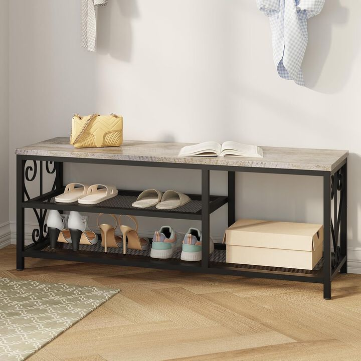 Shoe Bench with Shoe Rack, 47.2" L Entryway Bench with Seating, 2-Tier Shoe Organizer with Rustic Wood Top & Metal Frame for Entryway