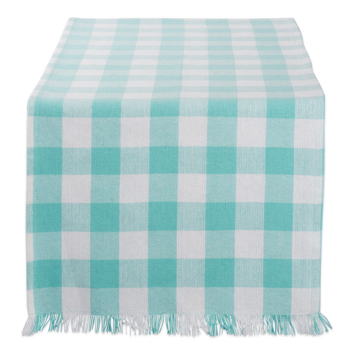 72" Fringed Table Runner with Checkered Aqua Design