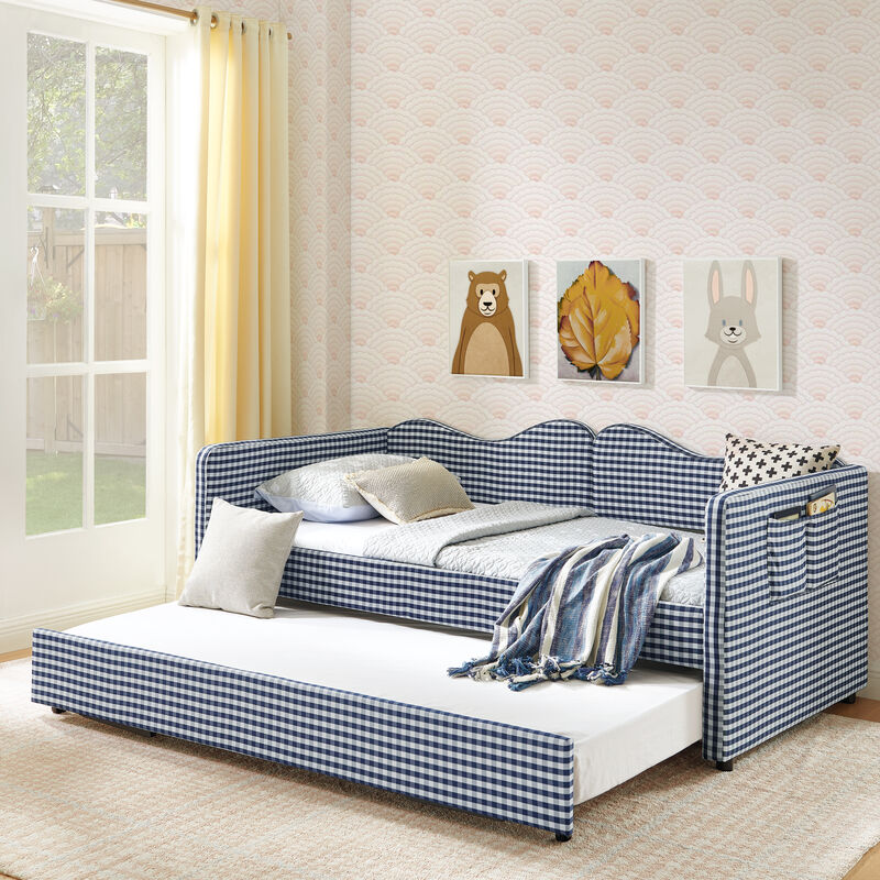 Merax Gingham Daybed with Trundle & Guardrails &ndash; Solid Wood Frame, Side Storage Pocket image number 1