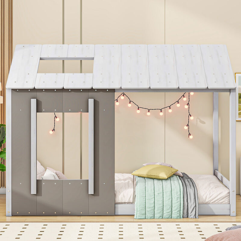 Whisen Twin Size Montessori Floor Bed with House-shaped Frame and Window - Antique Gray