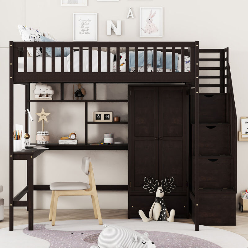 Whisen Full size Loft Bed with Bookshelf,Drawers,Desk,and Wardrobe