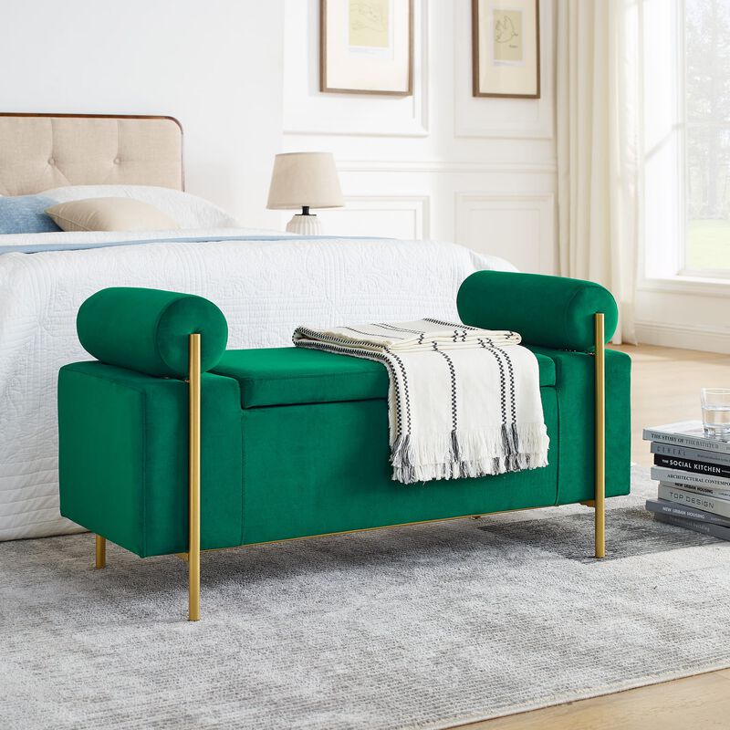Hivvago Elegant Upholstered Linen Storage Bench with Cylindrical Arms and Iron Legs