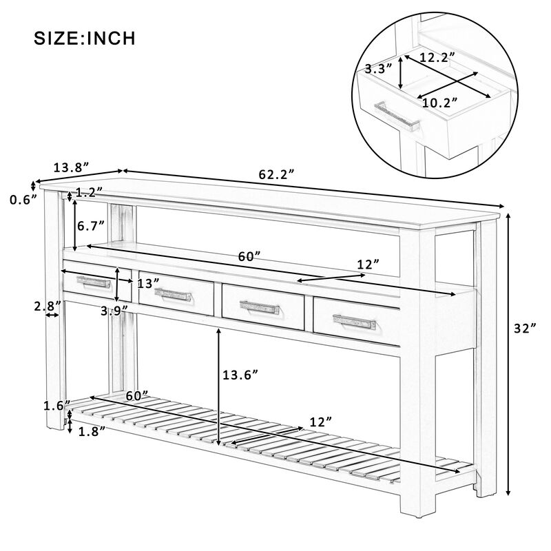 Modern Console Table Sofa Table for Living Room with 4 Drawers and 2 Shelves