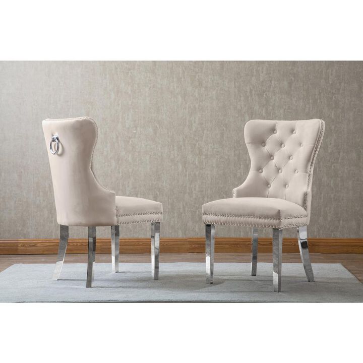 Velvet Tufted Dining Chair, Stainless Steel Legs (Set of 2) - Cream