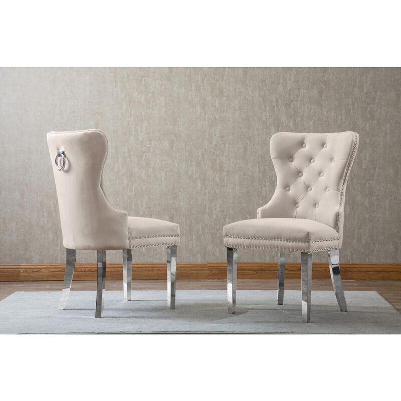 Velvet Tufted Dining Chair, Stainless Steel Legs (Set of 2) - Cream
