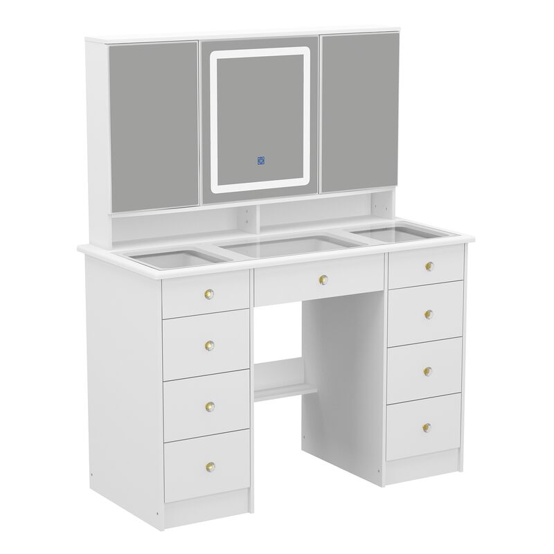 FUFU&GAGA White Wood Makeup Vanity Desk with 9 Drawers, Glass Top, LED Lighted Tri-Fold Mirror & Hidden Storage Shelves (43.3 in. W x 53.9 in. H x 19.7 in. D), White