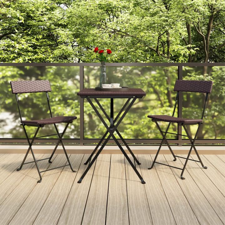 vidaXL 3-Piece Folding Bistro Set - Durable Brown Poly Rattan Construction - with Foldable Design for Easy Storage - Easy Assembly - Weather-Resistant, Ideal for Outdoor Dining or Relaxation.