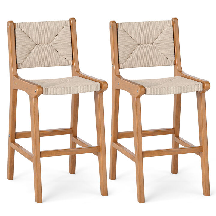 Patio Counter Height Bar Stools Set of 2 with Woven Rope Seats and Teak Wood Frame