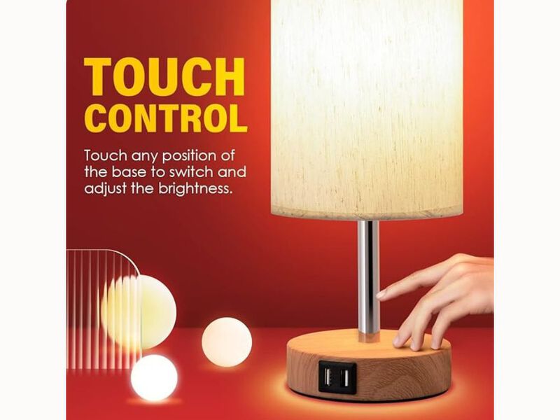 Touch Bedside Table Lamp – Wood Base, USB Ports, 3-Way Dimmable, Flaxen Shade, LED Included