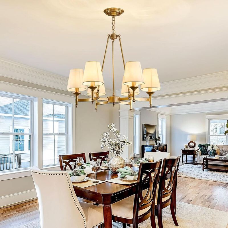 ShipItFurniture Gold Wagon Wheel Chandelier With White Linen Shade 6-Light image number 6