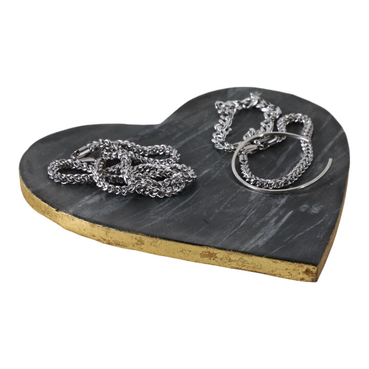 8x8" Marble Heart Tray W/ Gold Edges, Black/white