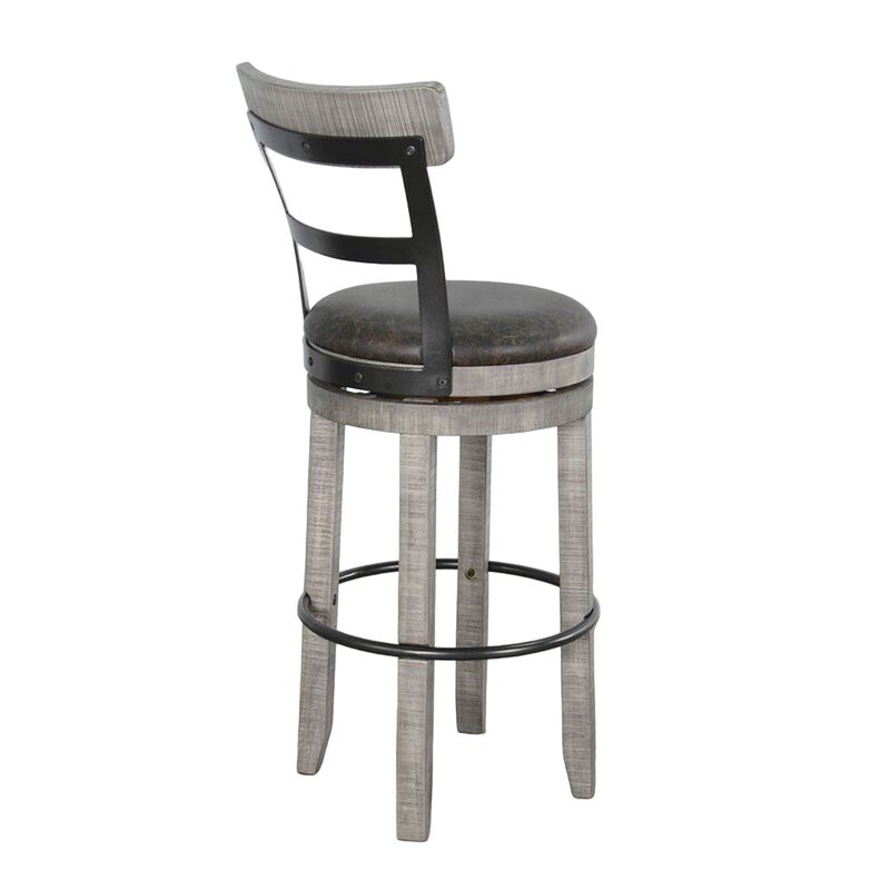 Zeka Swivel Barstool Chair Set of 2, Faux Leather, Gray Mahogany Wood - Benzara