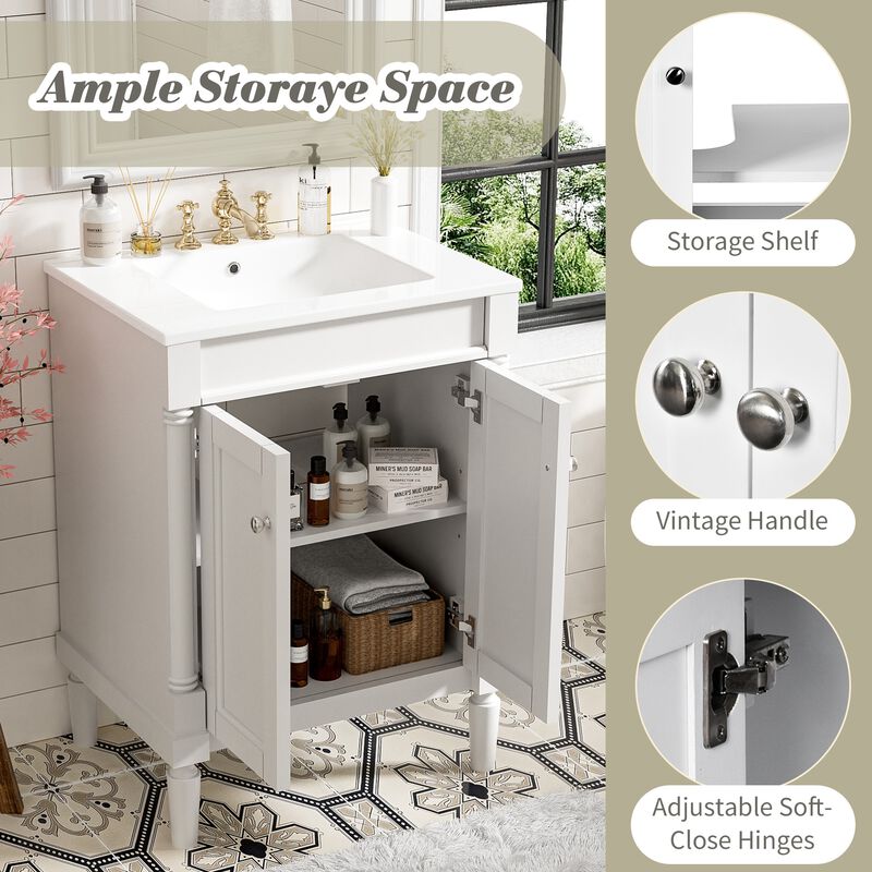 24" Freestanding Bathroom Vanity with Ceramic Sink, 2-Tier Storage Cabinet, 2 Soft-Close Doors image number 3