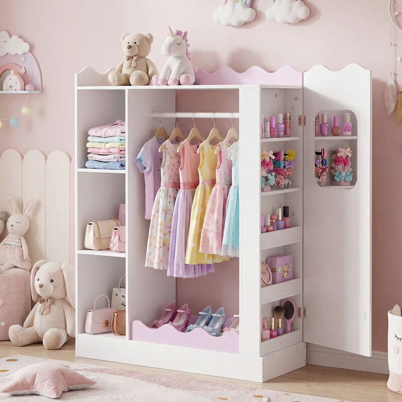 Kids Dress Up Closet with Mirror, Hanging Rod and Storage Shelves image number 3