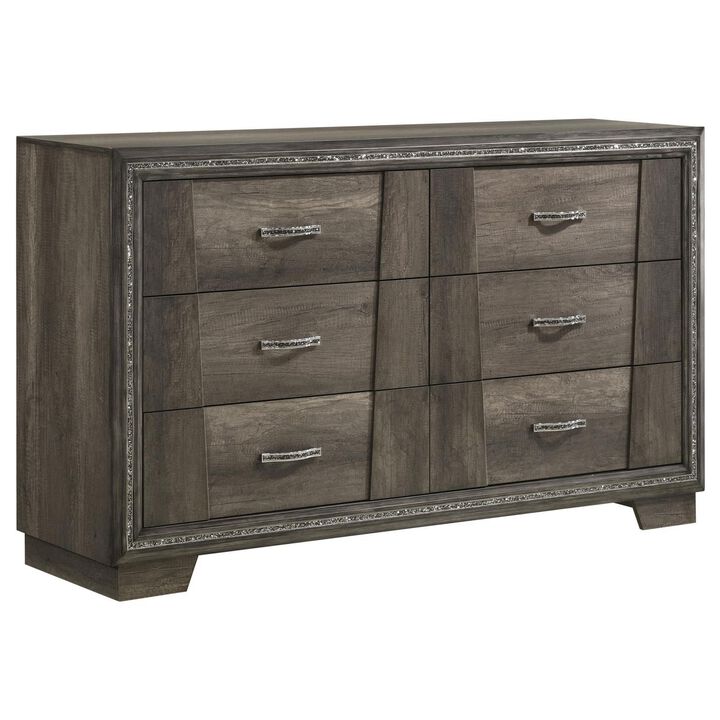 Benjara Janie 62 Inch Wide Dresser with 6 Drawers, Felt Lining, Pine Wood, Gray Brown