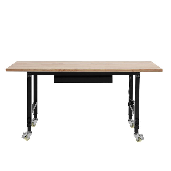 Height Adjustable Work Table with Wheels, Oak Wood Surface, Storage Drawer for Workshop Garage-Light Brown