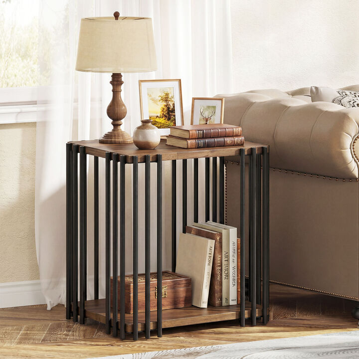 2-Tier Rubber Wood End Table with Metal Frame and Storage-Walnut
