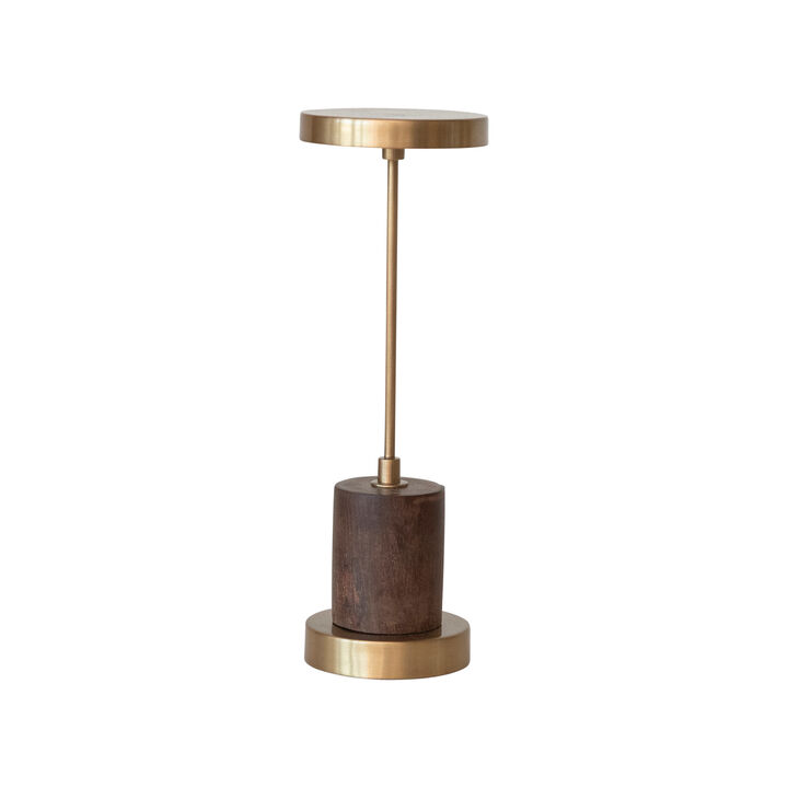 Metal and Mango Wood LED Table Lamp with Touch Sensor in Antique Brass Finish, Gold