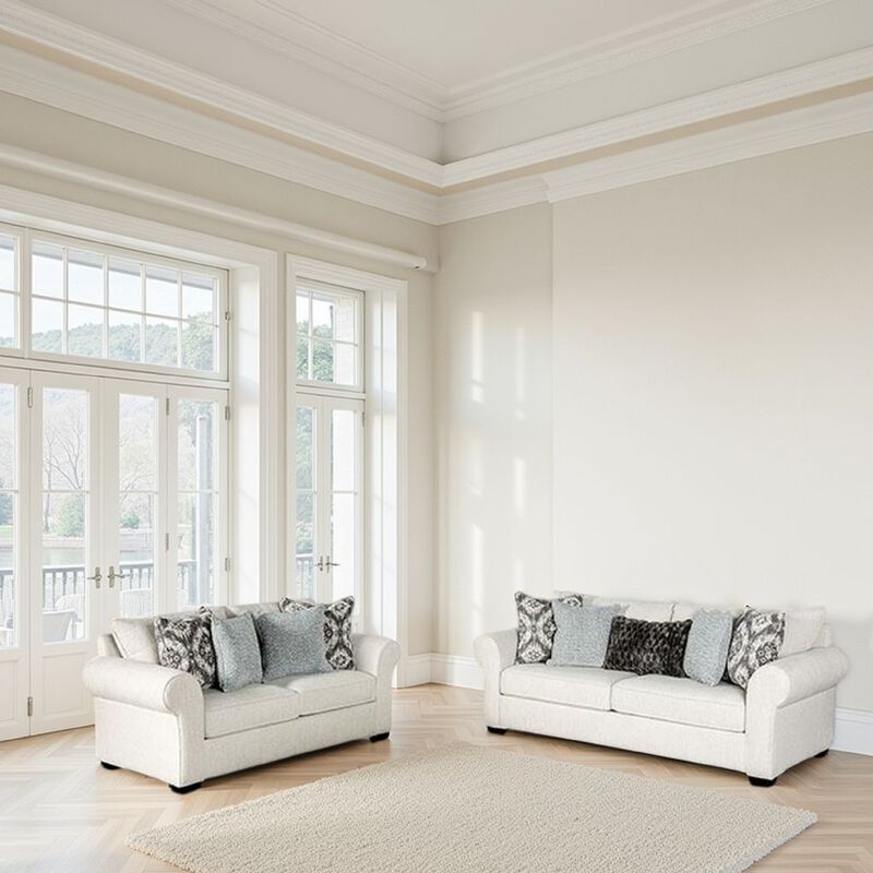 Berrie 2pc Sofa Loveseat Set, 9 Throw Pillows, Modern White Polyester - Benzara